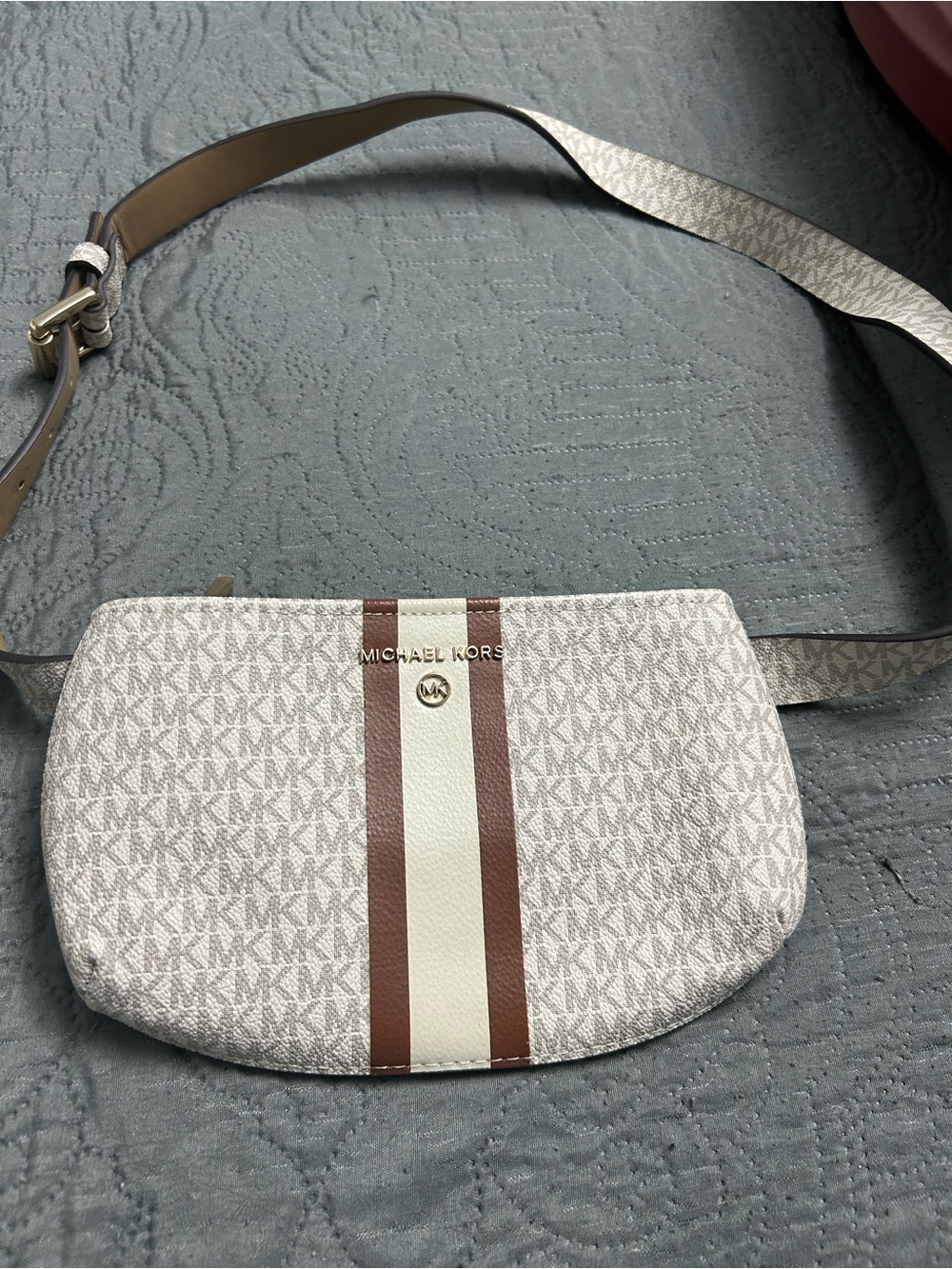 Michael Kors White and Brown Signature Stripe belt Bag